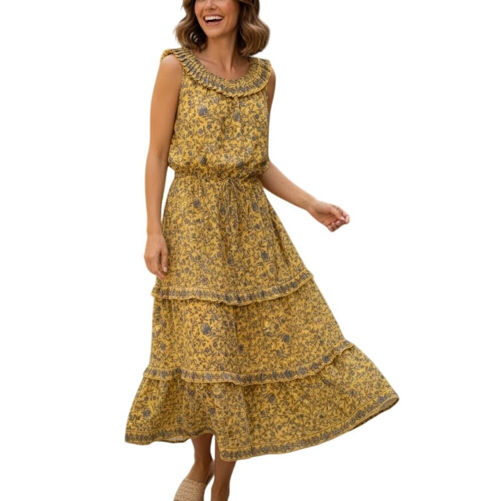 Max Studio Yellow Floral Midi Dress Large Cottage Prairie